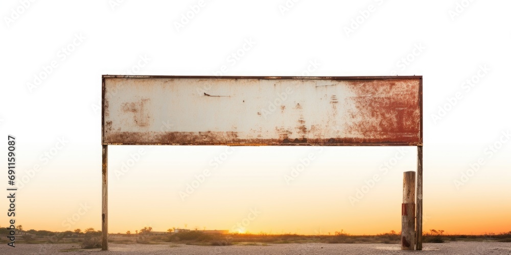 Poster a rusted sign standing alone in the vast desert. perfect for illustrating desolation and abandonment