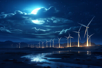 wind power generators farm three-bladed turbines on moonlit night - Powered by Adobe