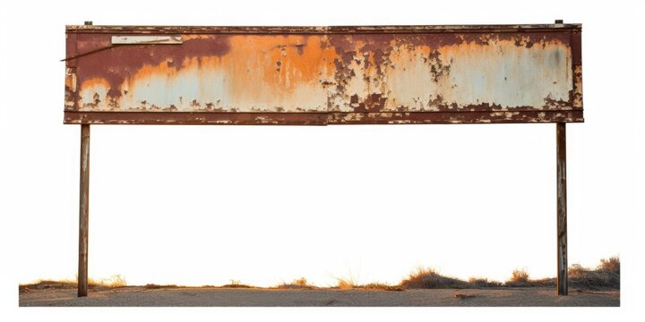 A rusted metal sign sitting in the middle of a field. This image can be used to represent abandonment, rural landscapes, or vintage aesthetics