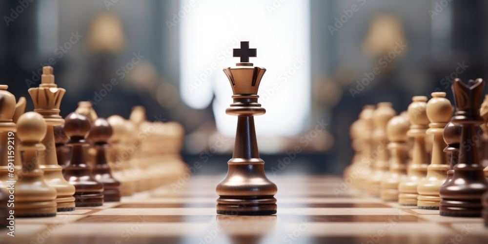 Poster A close-up view of a chess board with numerous pieces. This image can be used to depict strategic thinking, decision-making, or a competitive environment
