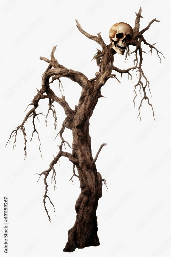 Poster a haunting image of a dead tree with a skull perched on top. this eerie picture can be used to creat
