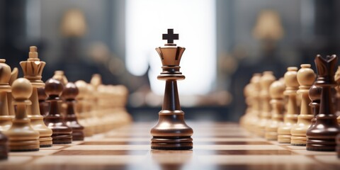 A close-up view of a chess board with numerous pieces. This image can be used to depict strategic thinking, decision-making, or a competitive environment - Powered by Adobe