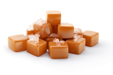 candies square caramel sauce and sea salt, isolated on white background