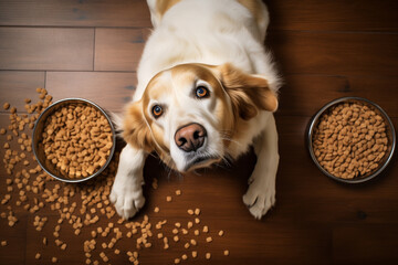 dog lying on floor and looking at camera, near bowl of dry food, top view - obrazy, fototapety, plakaty
