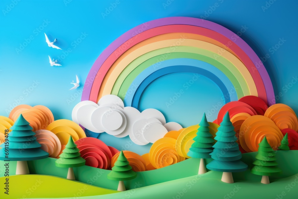 Poster a paper cut landscape featuring a vibrant rainbow arching over a row of trees. suitable for various 