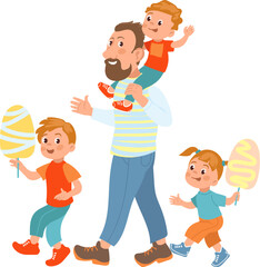 Father with kid. Family walking in park. Happy children with cotton candies. Parent spending time together with sons and daughter. Weekend outdoor leisure. Vector fatherhood concept