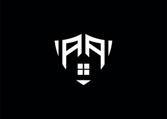 Real estate letter AA shield shape logo and house building vector template