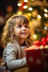 A little girl happily smiling next to a beautifully decorated Christmas tree. Perfect for holiday-themed projects and festive promotions