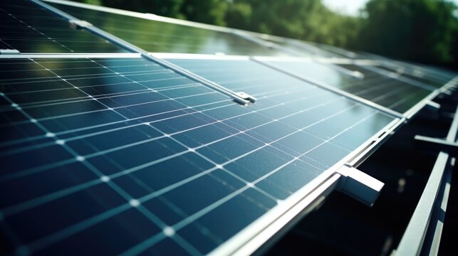 A close up of a solar panel on a roof. This image can be used to illustrate renewable energy, sustainable living, or environmental conservation