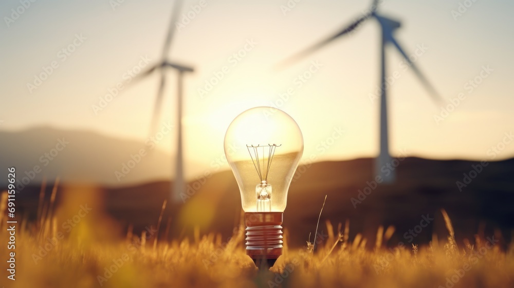 Aufkleber A light bulb is depicted in a field with wind turbines in the background. This image can be used to represent renewable energy, innovation, and sustainability