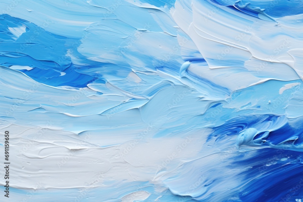 Poster A close-up view of a painting showcasing blue and white paint. Perfect for adding a touch of color and texture to any artistic project
