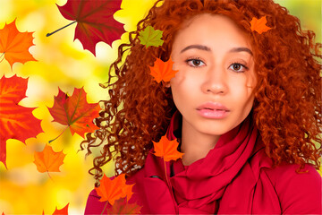 Naklejka na ściany i meble Portrait of a woman with autumn colours. Generative AI