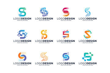 Collection of digital connection letter S logo designs