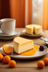 Cheese cake on wooden table in orange background