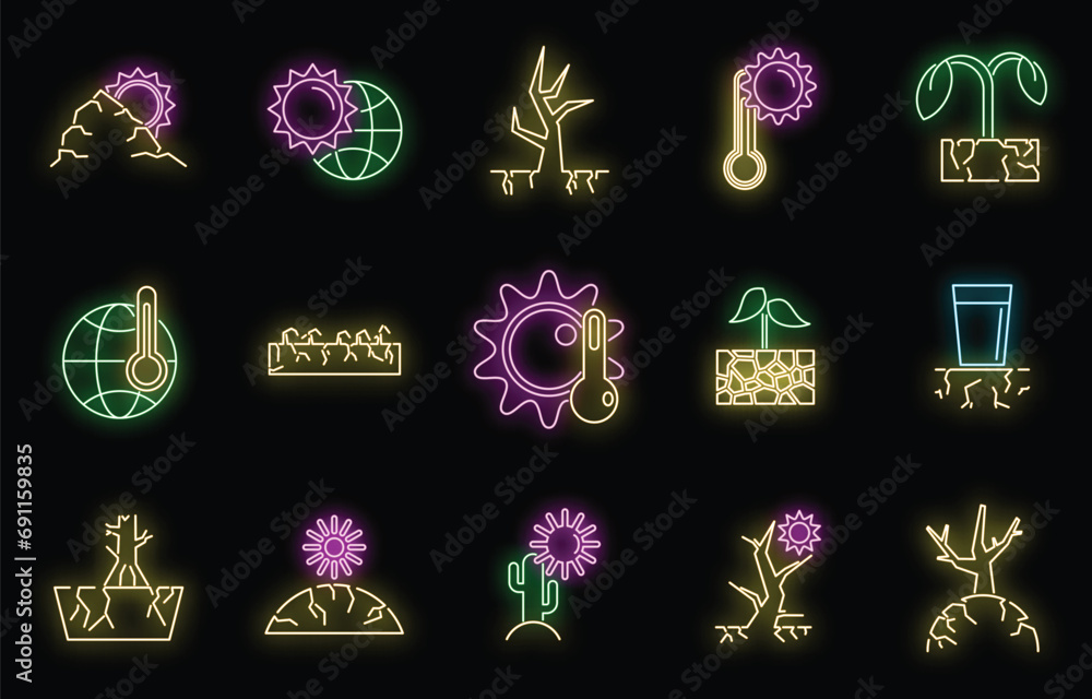 Poster drought environment icons set. outline set of drought environment vector icons neon color on black