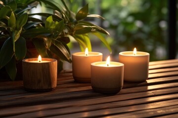 Obraz na płótnie Canvas three candles arranged on top of a wooden surface