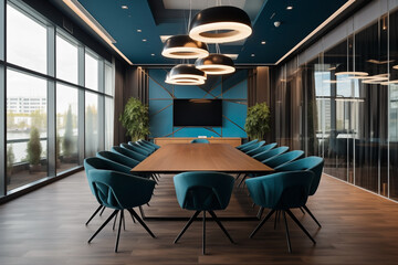 meeting room is decorated with modern stylish table and chairs around