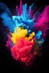 A vibrant cloud of smoke in various colors against a dark black background. Perfect for adding a...
