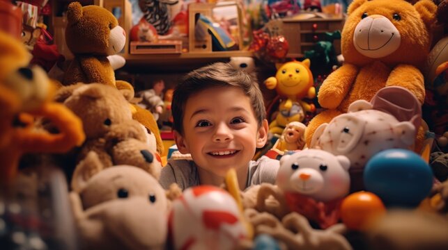 A young boy is surrounded by a collection of stuffed animals. This image can be used to depict childhood, comfort, or a love for toys