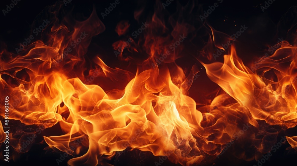 Poster a close-up view of a fire on a black background. this image can be used to depict warmth, energy, po