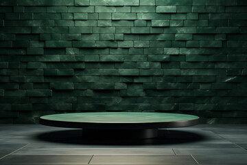 podium green round marble empty table before brick wall
