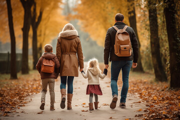 family dad mom daughter and son walking in the autumn park, back view, selective focus