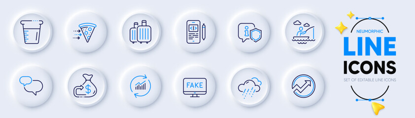 Audit, Phone code and Update data line icons for web app. Pack of Chat message, Baggage, Rainy weather pictogram icons. Food delivery, Cooking beaker, Cashback signs. Boat fishing. Vector
