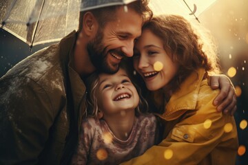 A picture of a man standing under an umbrella with two little girls. This image can be used to depict protection, family bonding, or spending quality time together - obrazy, fototapety, plakaty