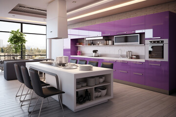 interior kitchen room, modern contemporary new design, purple material