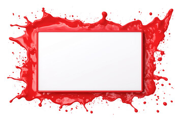 rectangular frame from red liquid splash, empty space inside, with drops, isolated on white