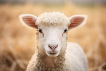 head of white sheep close-up, looks at camera, selective focus