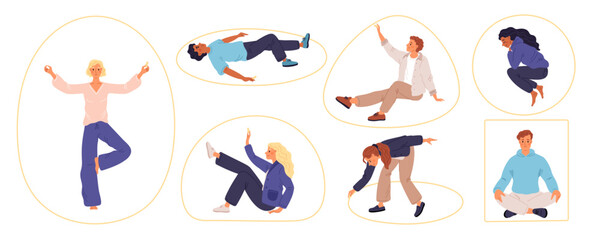 People personal space. Men and women withdraw into themselves. Seclusion from outside world. Delineate boundaries. Relaxing in private zones. Society avoid borders. Garish vector set