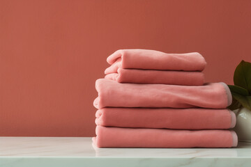 red towels are stacked on a marble countertop against pastel-colored wall background