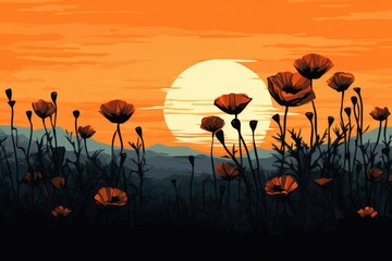 A beautiful painting capturing a sunset with vibrant poppies in the foreground. Perfect for adding a touch of nature's beauty to any space