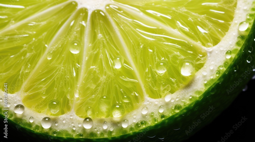 Poster A close-up image of a slice of lime with water droplets on its surface. This vibrant and refreshing picture can be used to add a splash of color and freshness to various projects