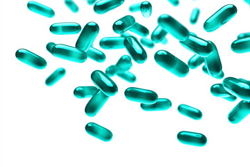 medical capsules turquoise transparent flying on a white background, selective focus