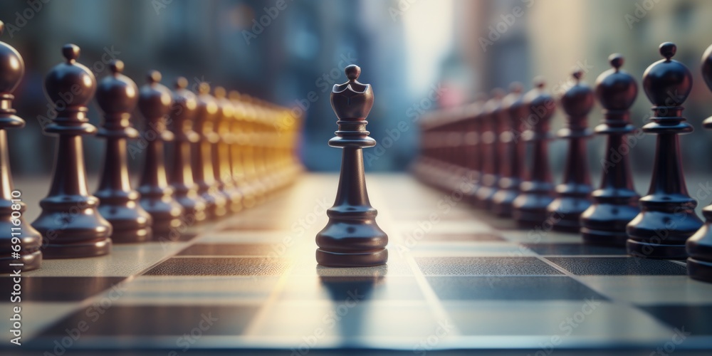 Poster a detailed view of a chess board with numerous pieces. perfect for illustrating strategic thinking a