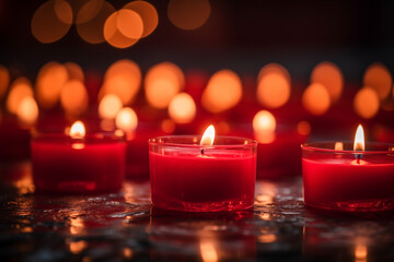 red candles with flickering flames, dark blurred background