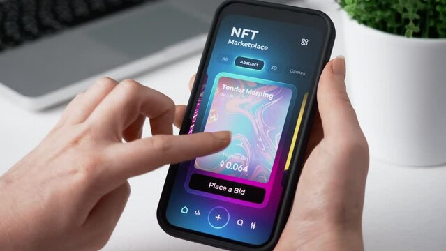 Exploring NFT artworks marketplace. Non-fungible token auction app for mobile phone.