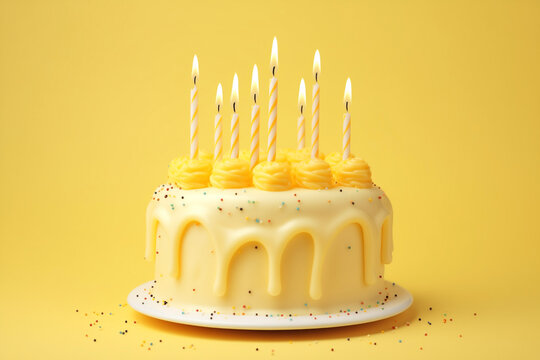 cake festive yellow with burning candles on simple background