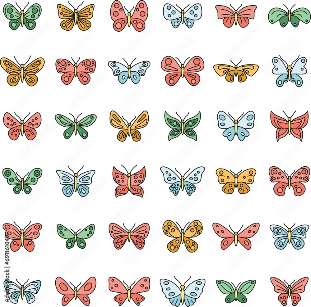 Poster butterfly insect icons set. outline set of butterfly insect vector icons thin line color flat on whi