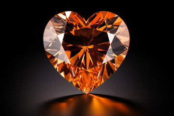 crystal stone orange, form of heart symbol of love on dark background