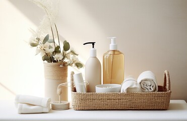 Fototapeta na wymiar a basket with beauty supplies including soap, lotion, and cosmetic items