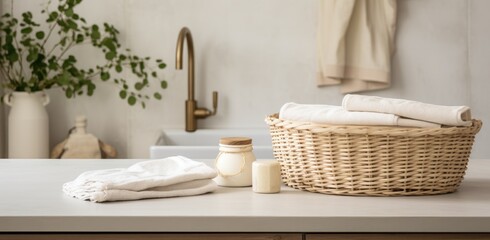 a basket with laundry is on the counter of a kitchen