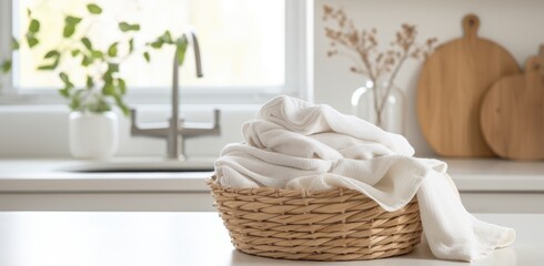 a basket with laundry is on the counter of a kitchen - obrazy, fototapety, plakaty