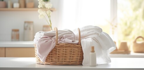 a basket with laundry is on the counter of a kitchen - obrazy, fototapety, plakaty