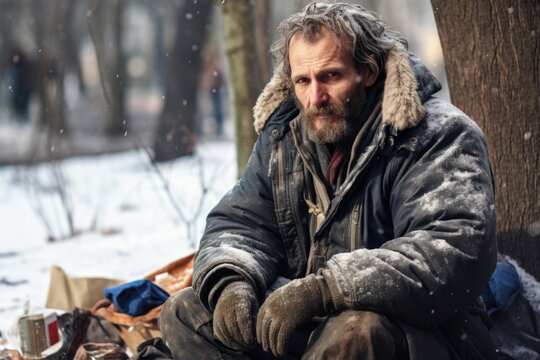 A homeless man sitting under a tree in the snow. This image can be used to depict homelessness and the harsh conditions faced by those without shelter