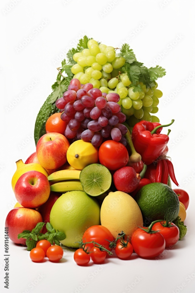 Poster a colorful assortment of fresh fruits and vegetables neatly arranged on a clean white surface. perfe
