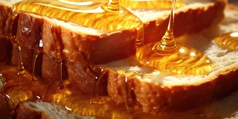 A close-up view of a piece of bread drizzled with golden honey. Perfect for food blogs or recipes - obrazy, fototapety, plakaty