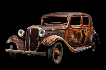 An old rusted car is showcased against a black background. Suitable for automotive themes or concepts of abandonment and decay